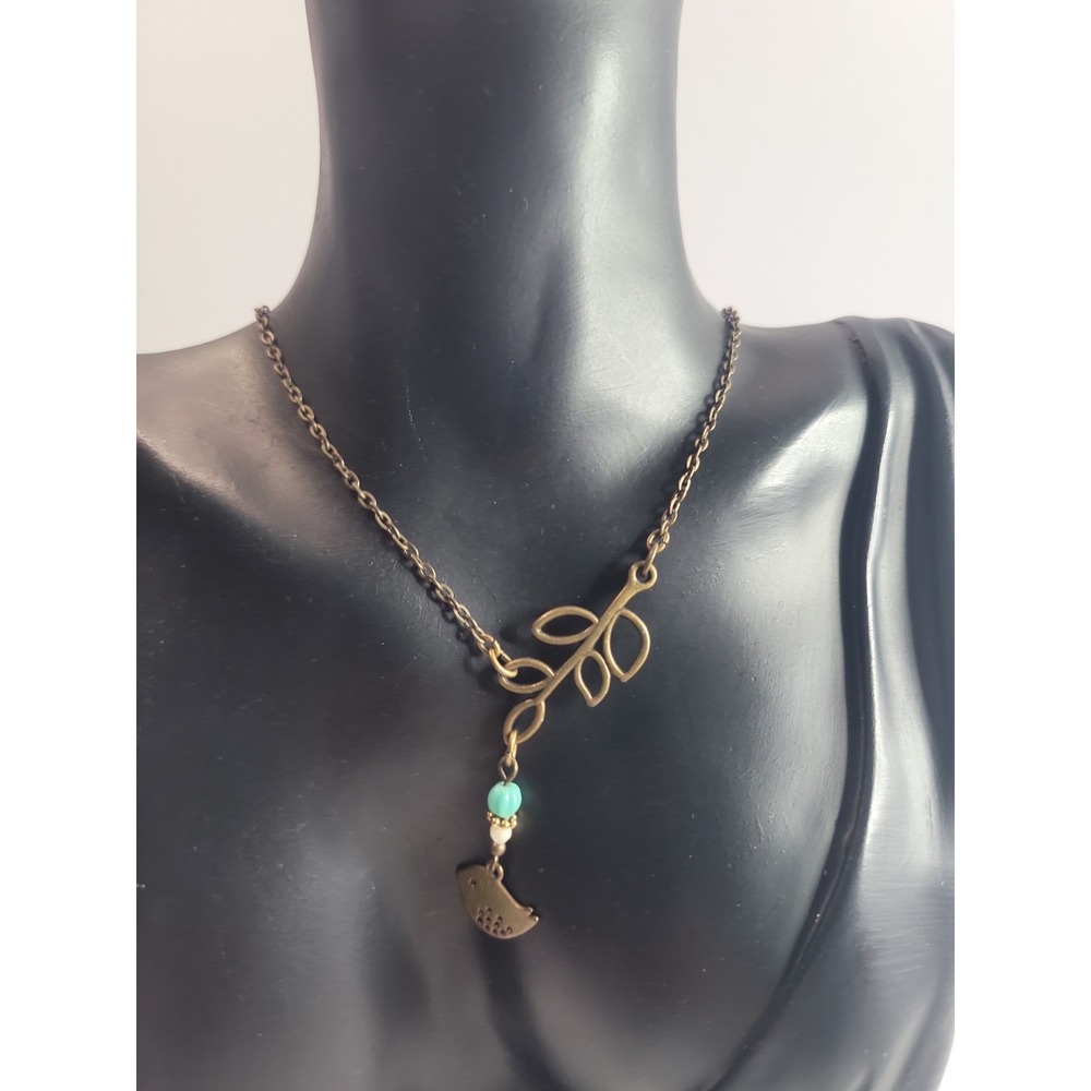 Gold Tone Bird Charm Necklace Blue White Beads Leaf Branch Boho Nature Pendant